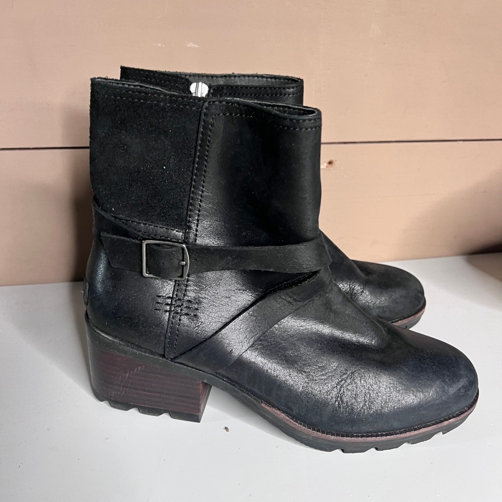 Sorel Cate Buckle Bootie Black Leather Suede Ankle Boots NL3709-010 Womens 9